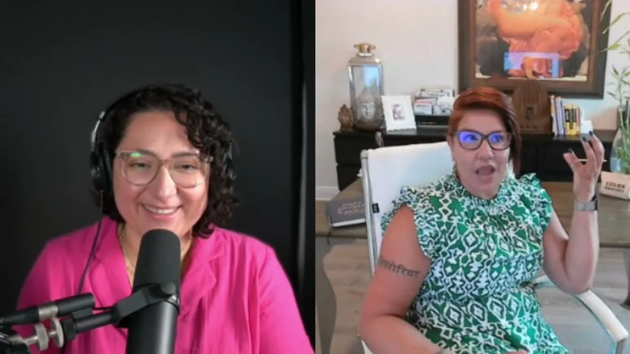Two women talking into microphones in a podcast studio